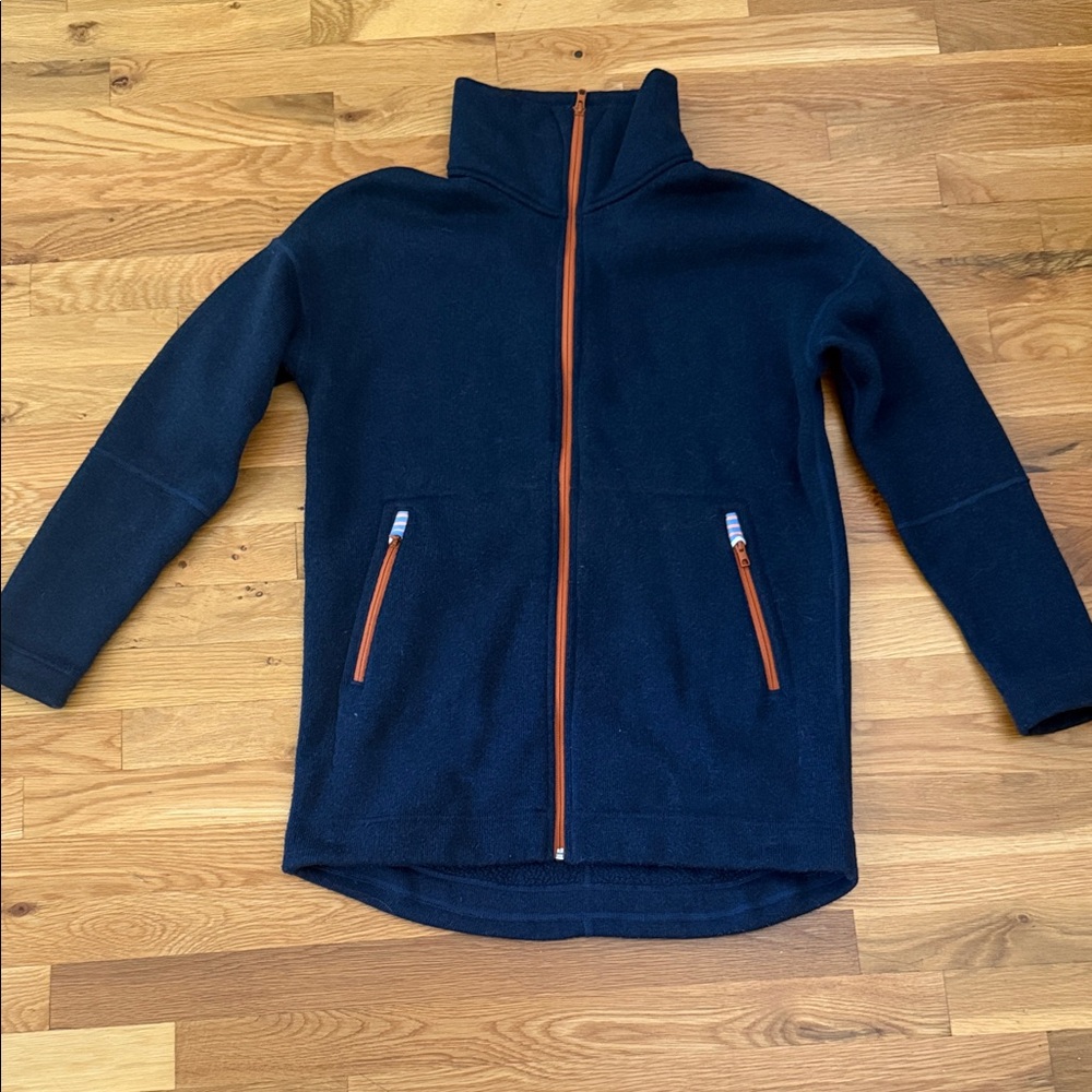 Stio Navy Sweater Fleece Tunic Jacket with Vibrant Orange Trim